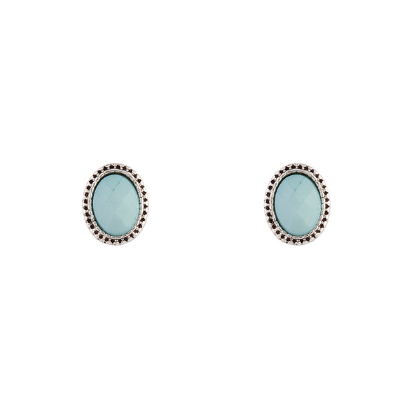 Antique Silver Blue Oval Stud Earrings