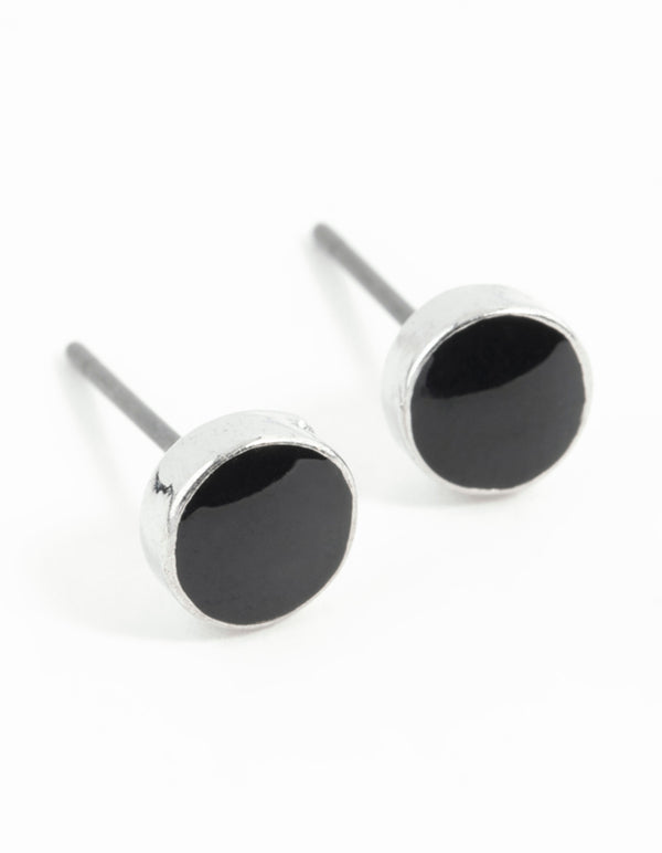 Silver Black Disc Earrings