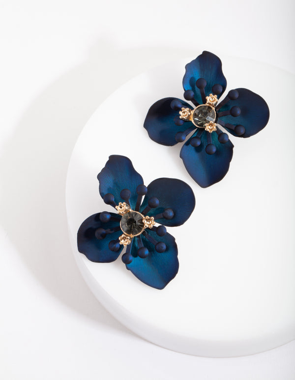 Navy Matte Coated Orchid Stud Earrings