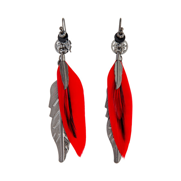 Red gunmetal Multi Feather Drop Earrings