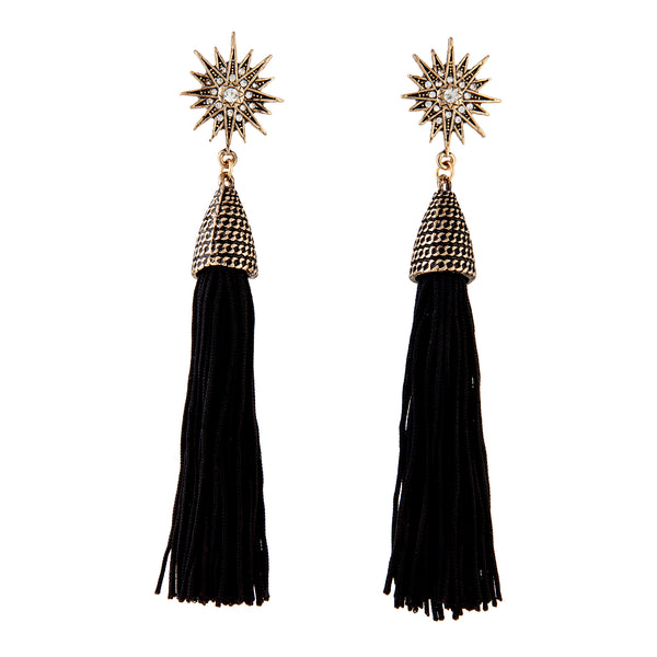 Black Antique Gold Star Stud Tassel Earrings