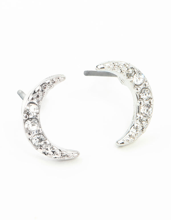 Silver Diamante Cresent Stud Earrings