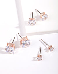 Rose Gold Graduated Princess Cut Diamante Stud Earring Pack - link has visual effect only