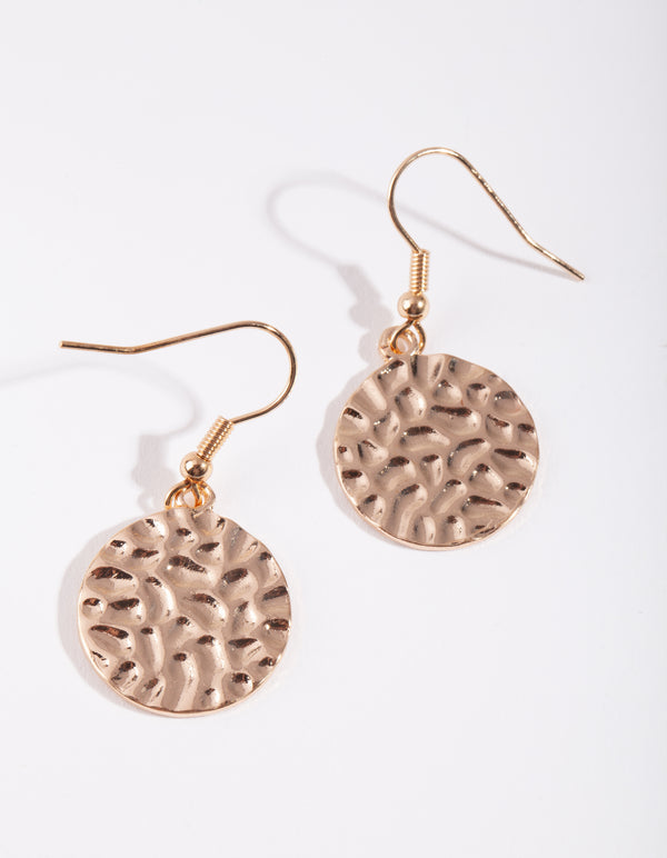 Gold Hammered Disc Drop Earrings