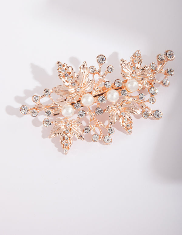 Rose Gold Leaf Crystal Pearl Barrette