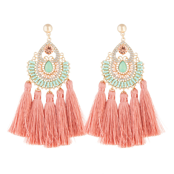 Gold Pink Pretty Diamante Tassel Earrings