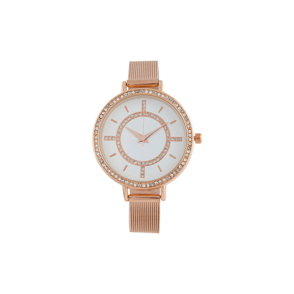 Rose Gold Thin Mesh Diamante Watch