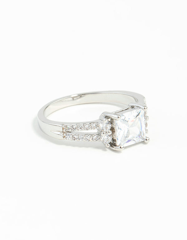 Rhodium Cubic Zirconia Square Stone Ring