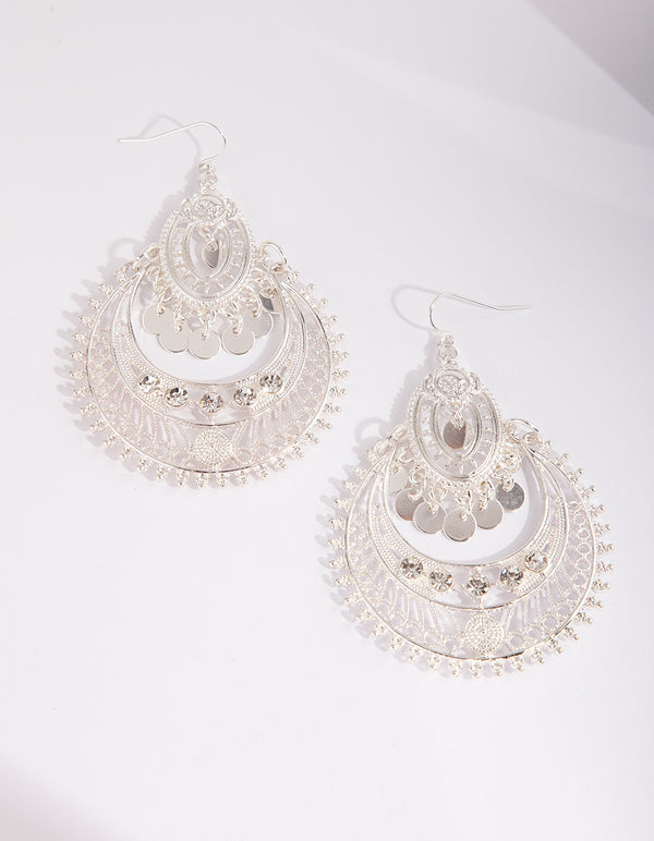 Silver Diamante Disc Bohemian Earrings