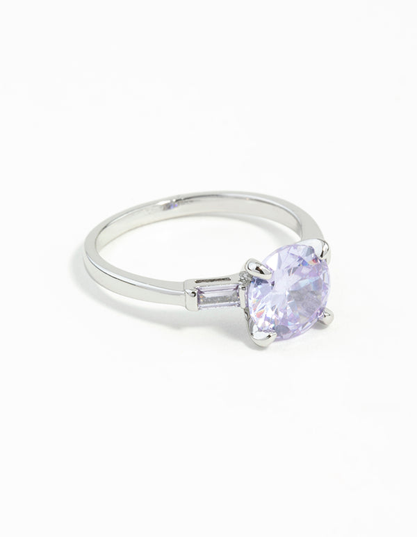 Rhodium Round Stone Purple Cubic Zirconia Ring