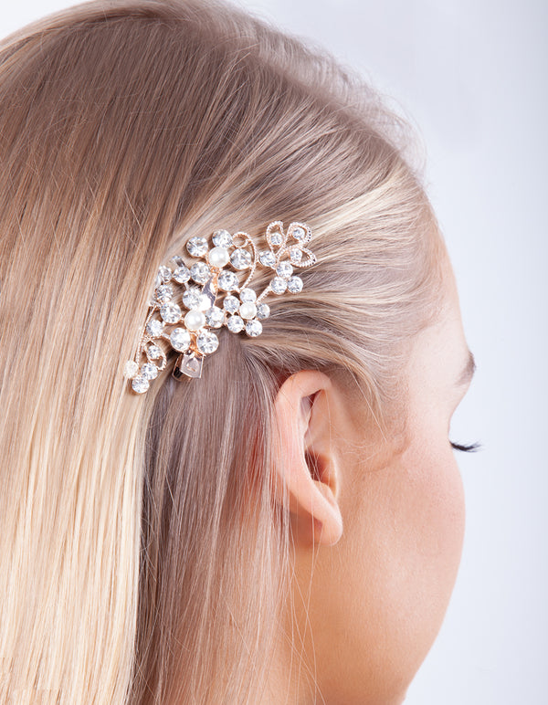 Rose Gold Floral Crystal Pearl Hair Clip Lovisa