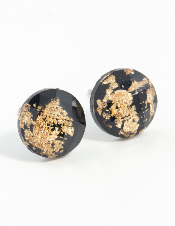 Black Gold Speck Circle Stud Earrings