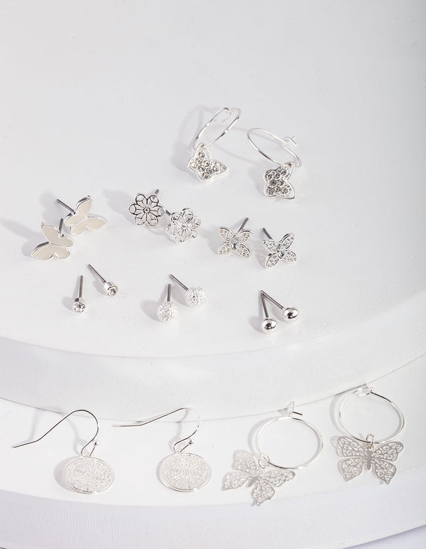 Silver Butterfly Hoop Drop Earring 9-Pack