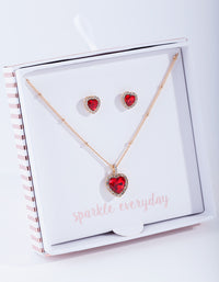 Gold Red Heart Necklace Earrings Gift Box - link has visual effect only