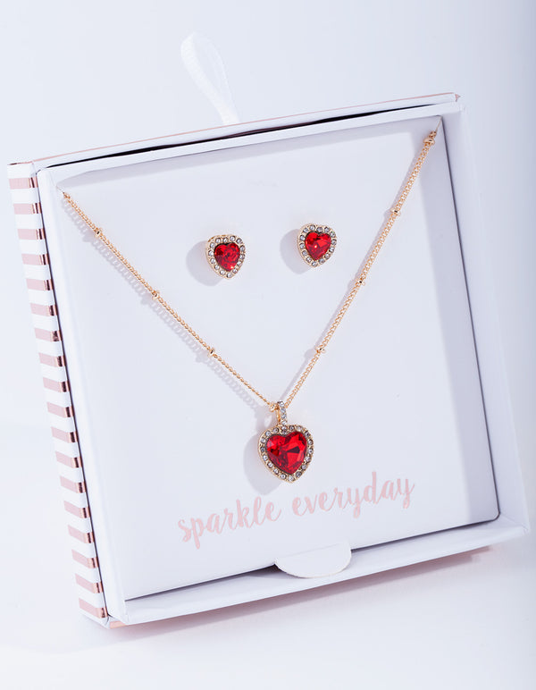 Gold Red Heart Necklace Earrings Gift Box