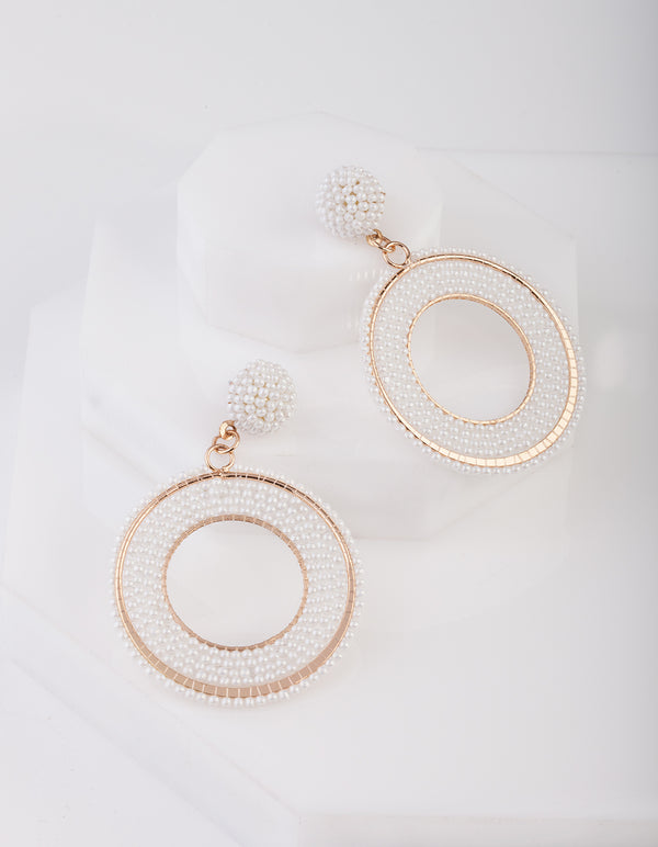 White Beaded Rose Gold Drop Earrings