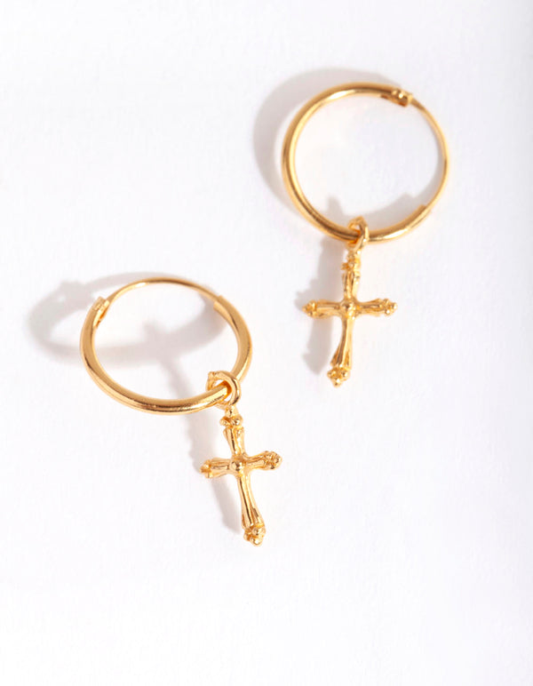 Gold Plated Sterling Silver Cross Dangle Hoop Earrings