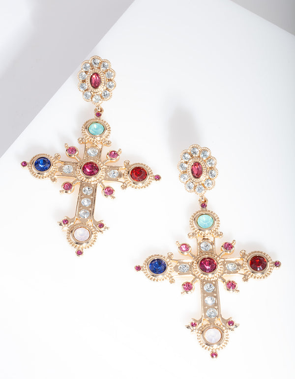 Gold Multi Gem Cross Earrings