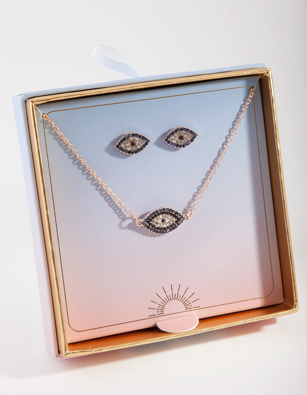 Rose Gold Evil Eye Necklace & Earrings Gift Box