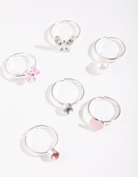 Kids Silver Flower Heart Ring 6-Pack - link has visual effect only