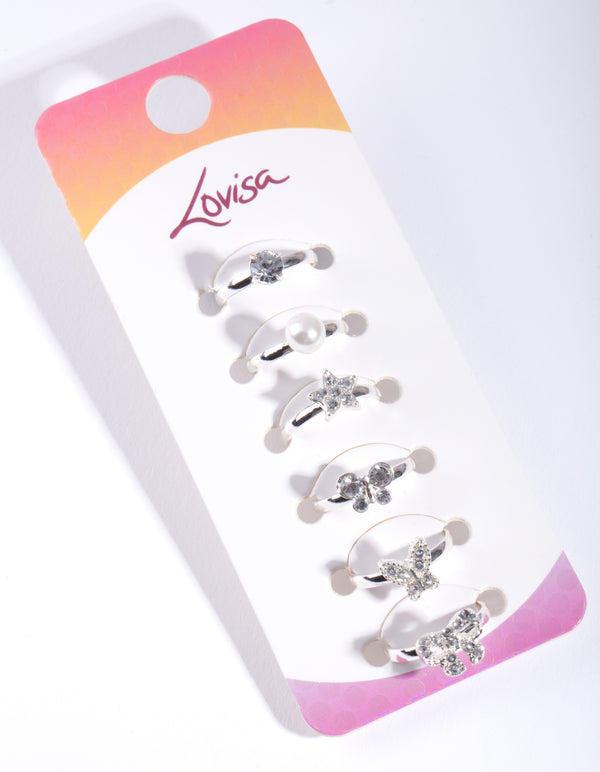 Kids Diamante Pearl Ring 6-Pack