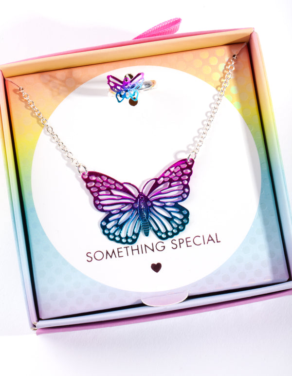 Kids Purple Butterfly Necklace Ring Set