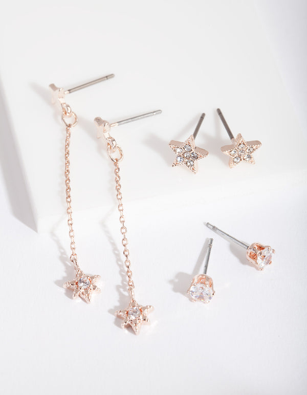 Rose Gold Cubic Zirconia Star & Chain Drop Earring Pack