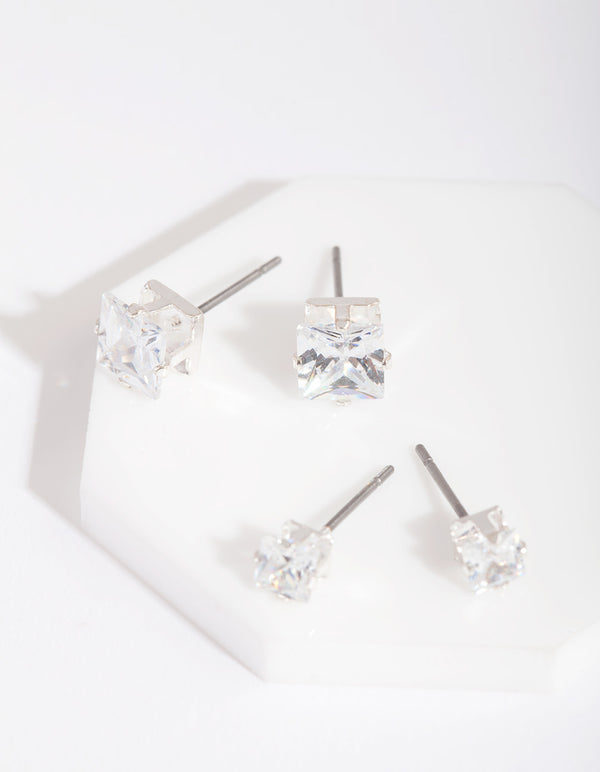 Silver Cubic Zirconia Square Stud Earring Pack