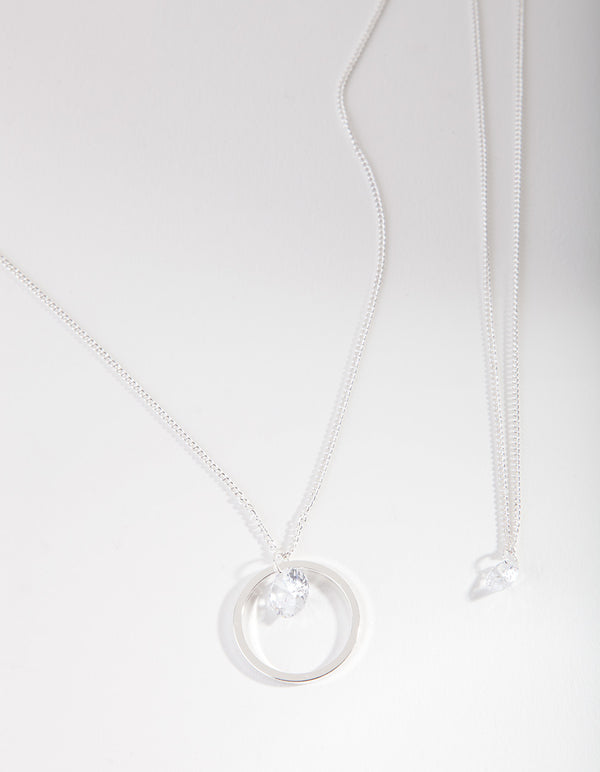 Silver Cubic Zirconia Circle 2 Row Necklace