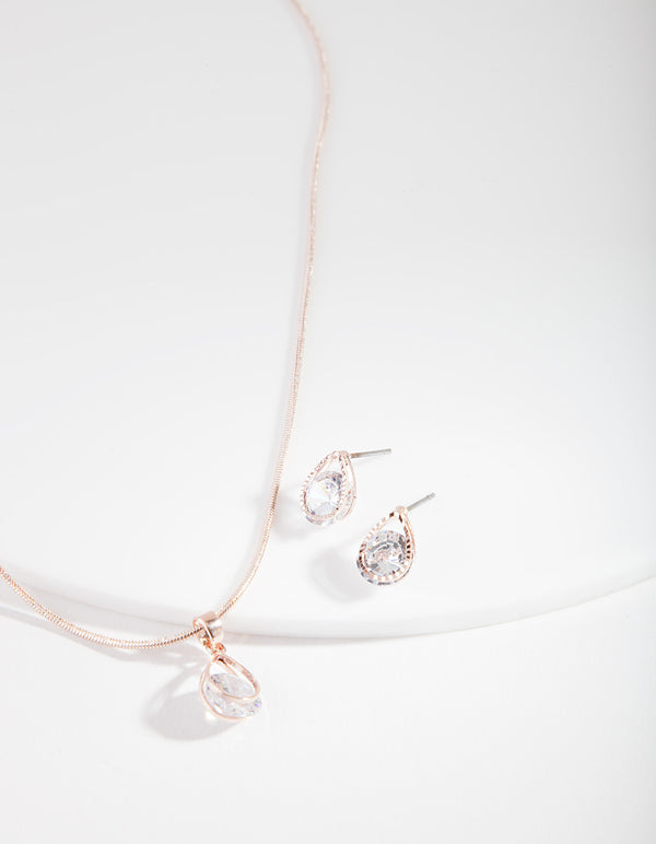 Rose Gold Cubic Zirconia Teardrop Jewellery Set