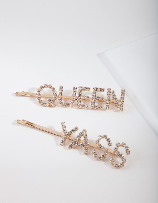 Gold Yass Queen Diamante Hair Clip Pack