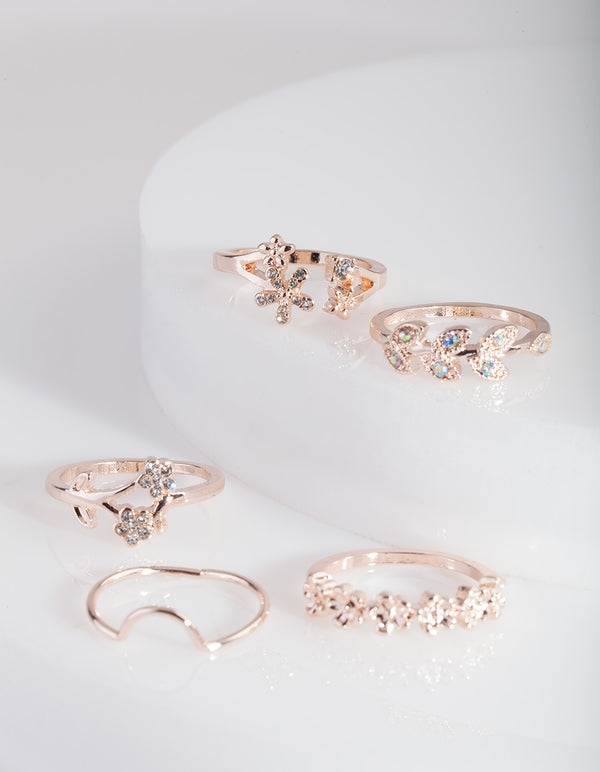 Rose Gold Floral Diamante Ring 4-Pack