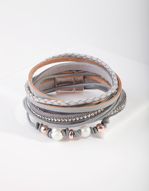 Rose Gold Faux Leather Freshwater Pearl Wrap Bracelet