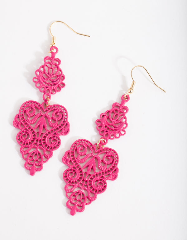 Fuchsia Large Filigree Drop Earrings