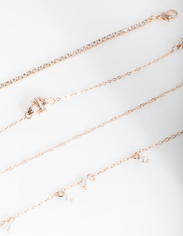 Rose Gold Diamante Bee Anklet Bracelet 4-Pack