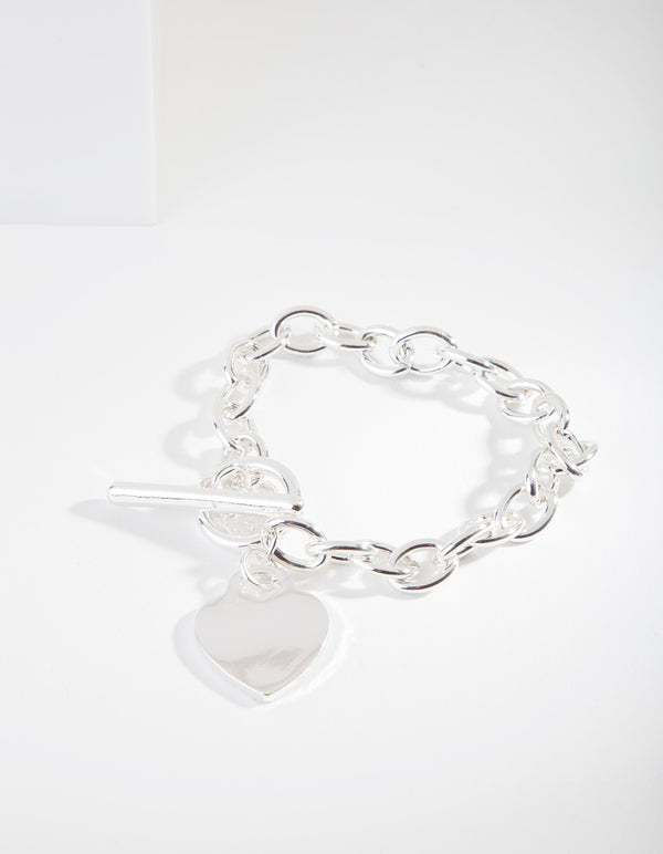 Silver Heart Charm Chain T Bar Bracelet