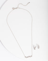 Silver Diamond Simulant Flower Cluster Necklace & Earrings Set - link has visual effect only