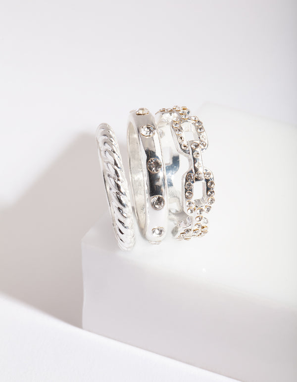 Silver Diamante Chain Ring Stack