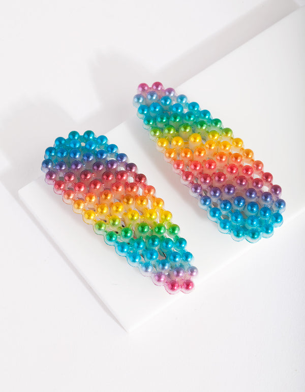 Kids Rainbow Ombre Pearl Hair Clip Duo