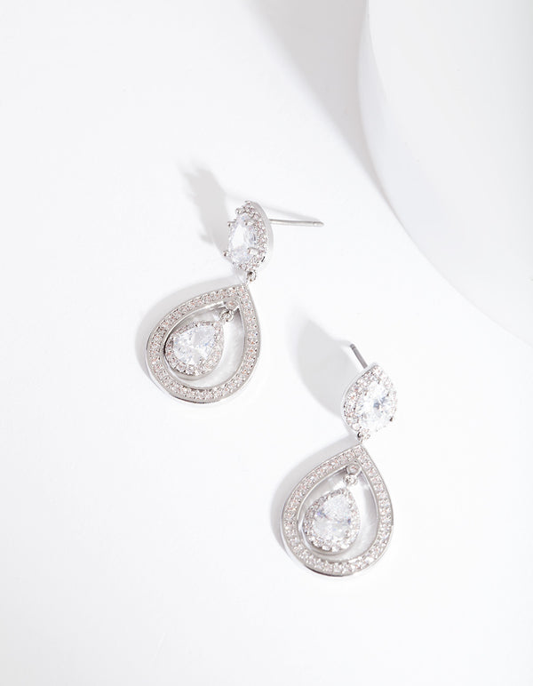 Rhodium Diamond Simulant Double Pear Drop Earrings