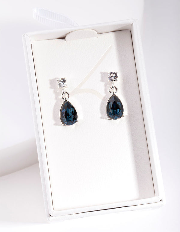 Silver Diamond Simulant Navy Teardrop Earrings