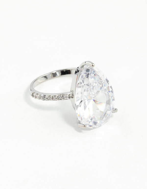 Silver Cubic Zirconia Large Pear Stone Ring