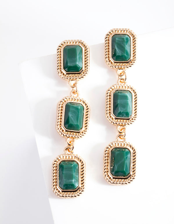 Green Triple Stone Drop Earrings