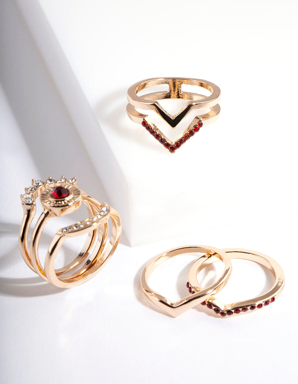 Gold Multi Shape Red Stone Ring 6-Pack