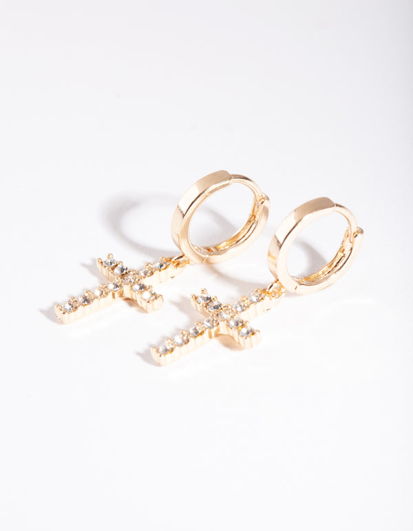 Gold Diamante Cross Huggie Earrings