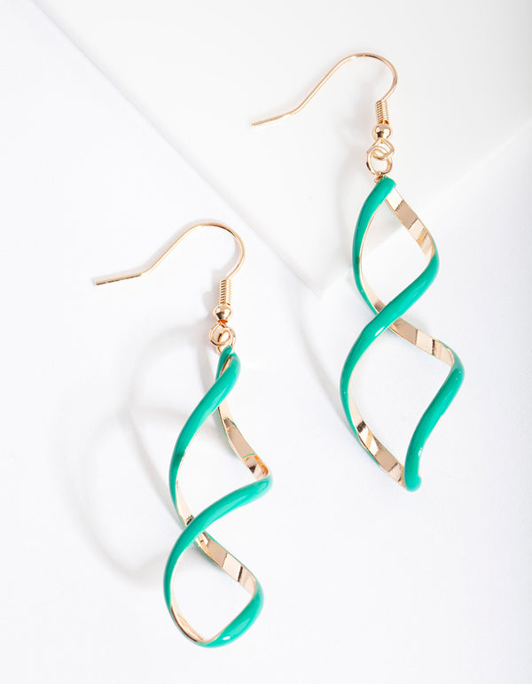 Gold Green Spiral Earrings