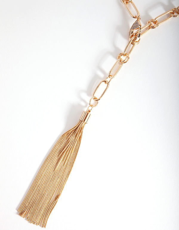 Gold Chain Link Y Tassel Necklace