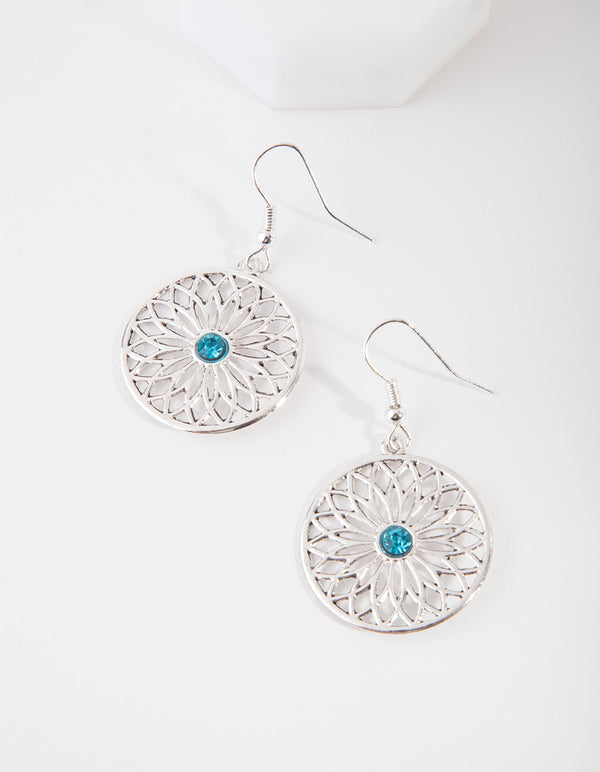 Silver Filigree Flower Disc Drop Earrings