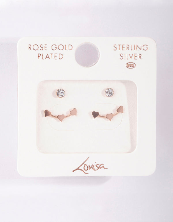 Rose Gold Plated Sterling Silver Diamante Heart Stud Earring Pack