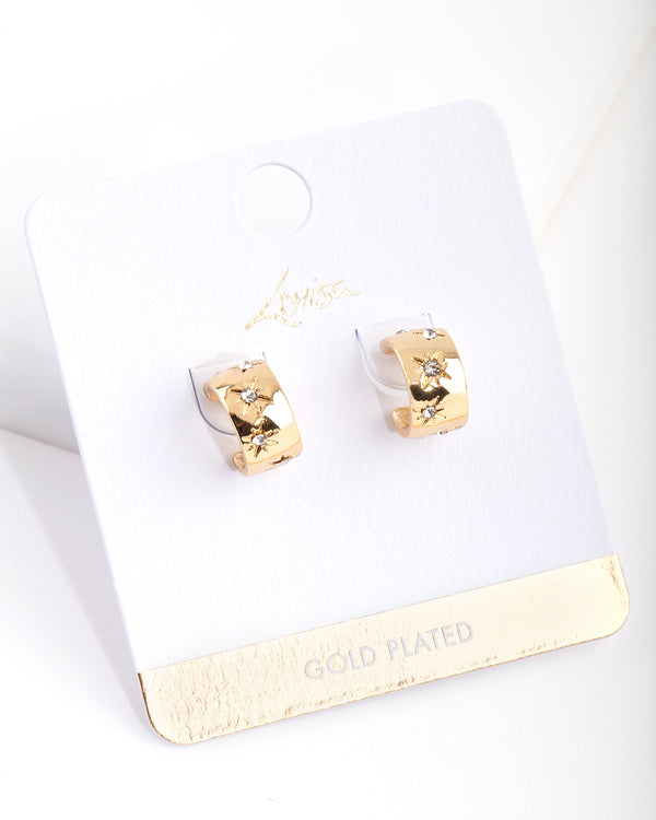 Gold Plated Diamante Starburst Huggie Earrings